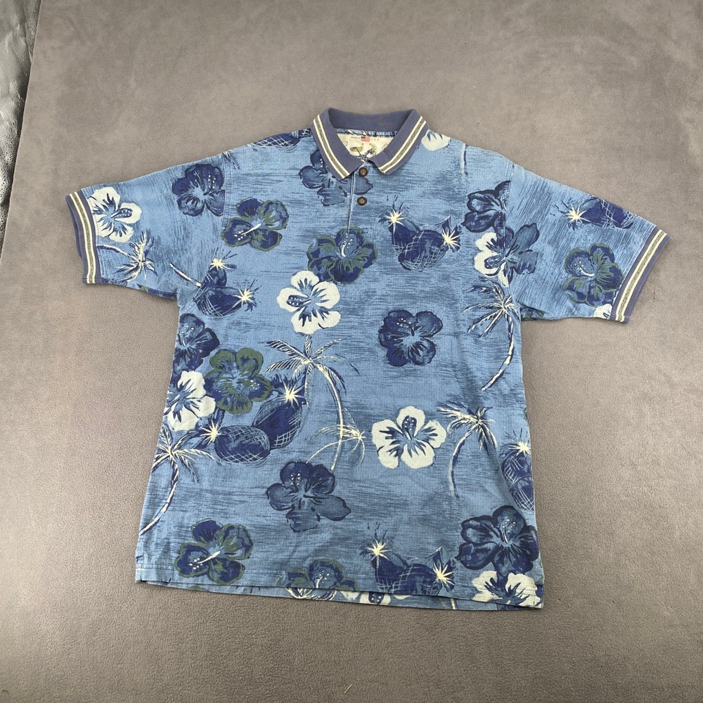 The Skins Game Golf Polo Shirt Mens Large Blue Tropical Floral Palm Made in USA